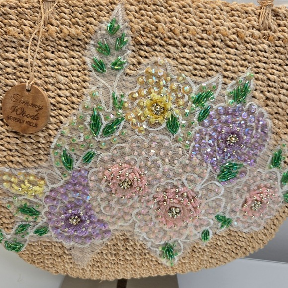 Vintage Timmy Woods Beverly Hills Lucite Top Handel Basket Bag Floral Beaded - Picture 3 of 8
